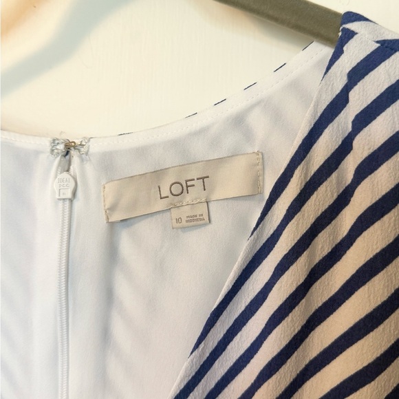 Loft Navy Blue & White Striped Sleeveless V-Neck Dress with Tie Belt- Size 10 - Picture 6 of 8